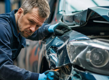 Garage owner assessing damage to a customer’s vehicle inside an auto repair shop, highlighting the importance of proper business insurance coverage.
