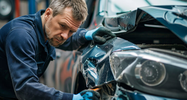Garage owner assessing damage to a customer’s vehicle inside an auto repair shop, highlighting the importance of proper business insurance coverage.