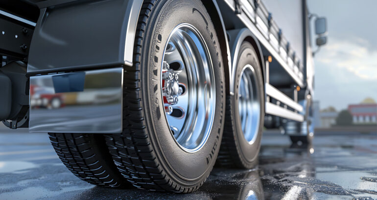 Close-up of a big rig truck wheel in a repair shop, highlighting the need for heavy-duty truck repair insurance to protect businesses from unexpected damages and liabilities.