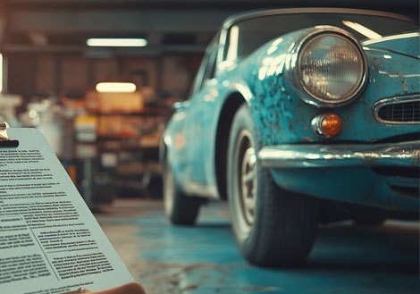 A car inside a repair shop with an insurance document, highlighting garage liability coverage for auto businesses.