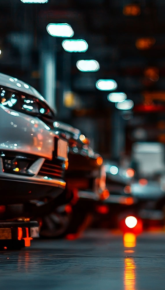 Luxury garage with high-end cars and polished service bays